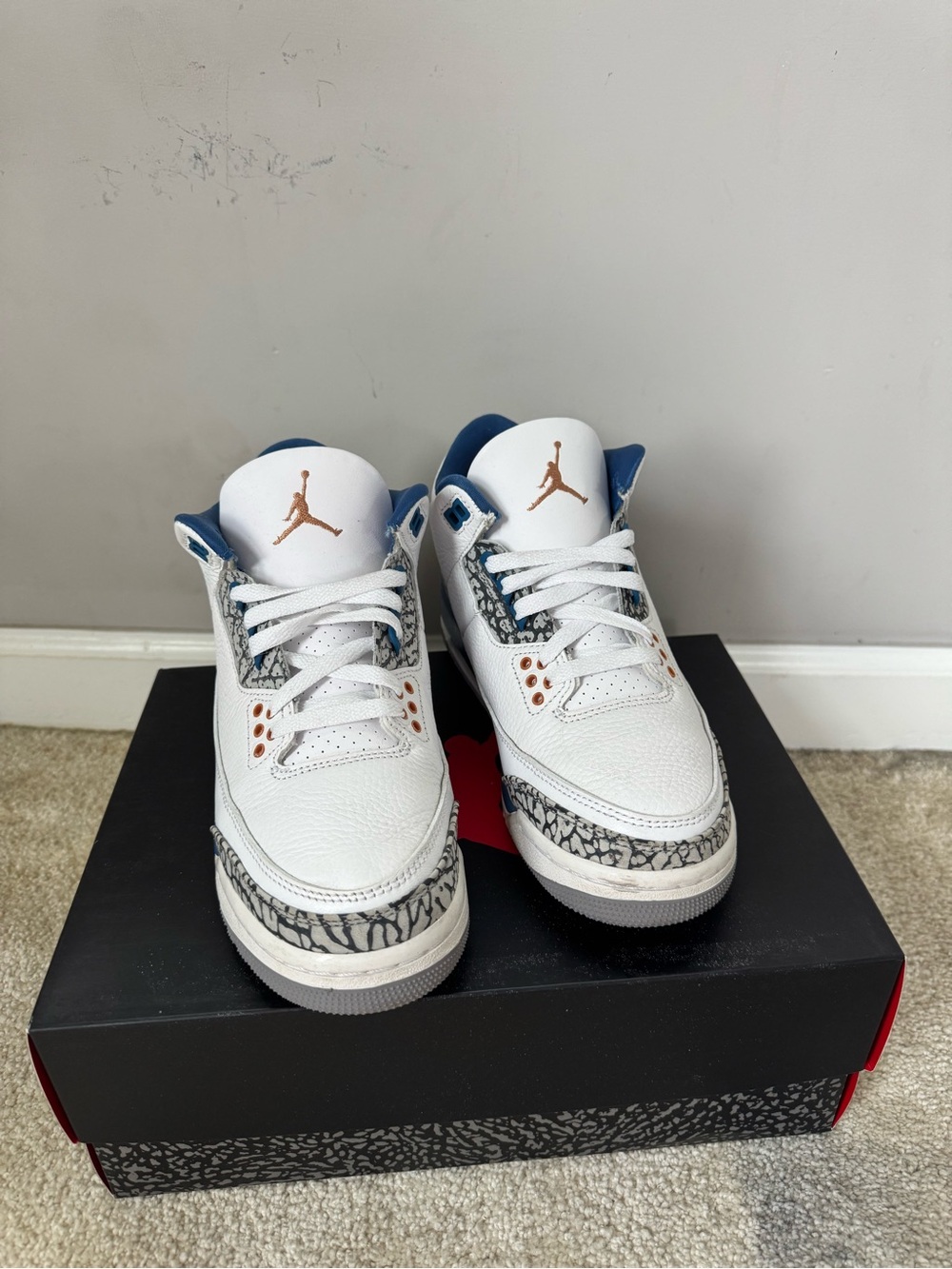 Jordan Kids White Blue Elephant Print Sneakers with Copper Accents